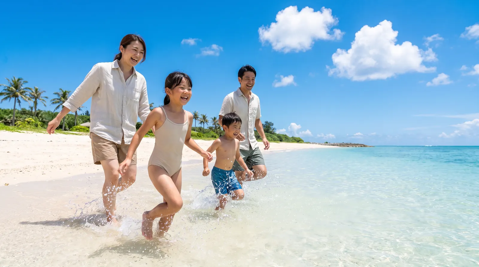 夏の南の島の浜で、子ども2人と親が笑いながら青い海へ駆け込む