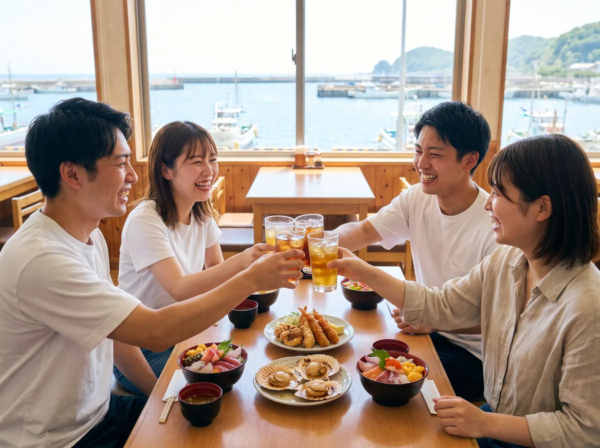 港の食堂で、海鮮丼を囲んで笑顔で乾杯する友達の4人