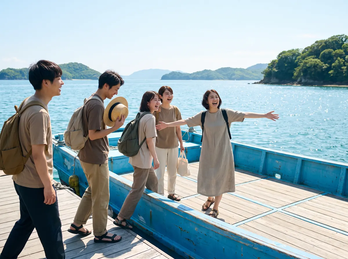 軽い荷物だけで、島へ渡る船の上ではしゃぐ友達の5人