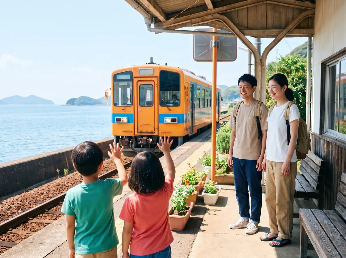 海沿いの小さな駅で、入ってくる列車に手を振る子どもと、小さなリュックだけの親