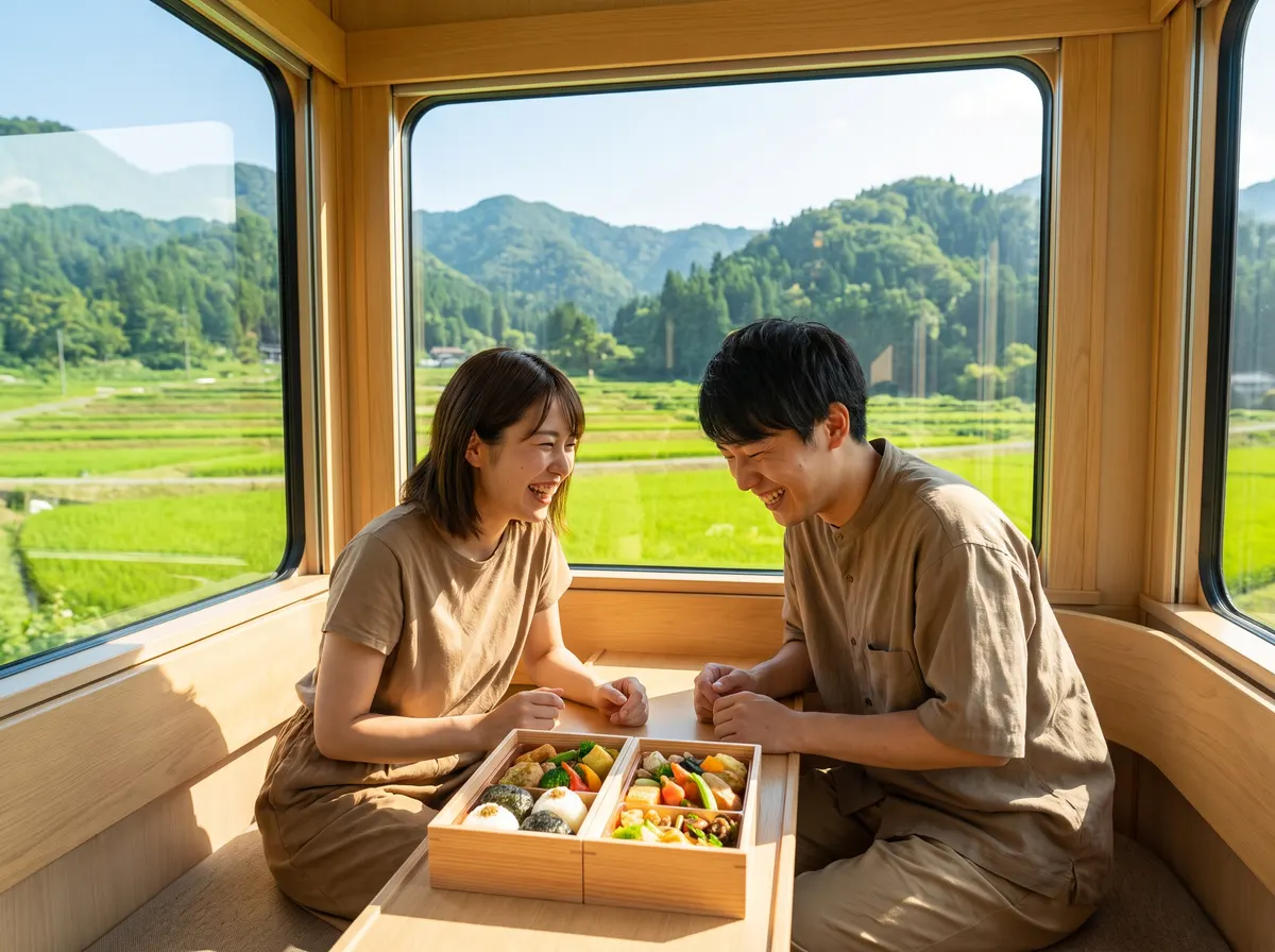 田んぼの見える列車の窓辺で、お弁当を広げて笑う2人